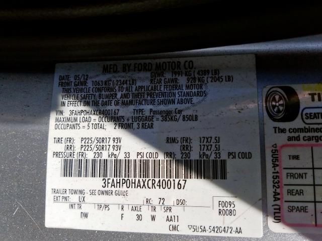 3FAHP0HAXCR400167 - 2012 FORD FUSION SE  photo 10