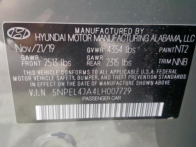 5NPEL4JA4LH007729 - 2020 HYUNDAI SONATA SEL  photo 10