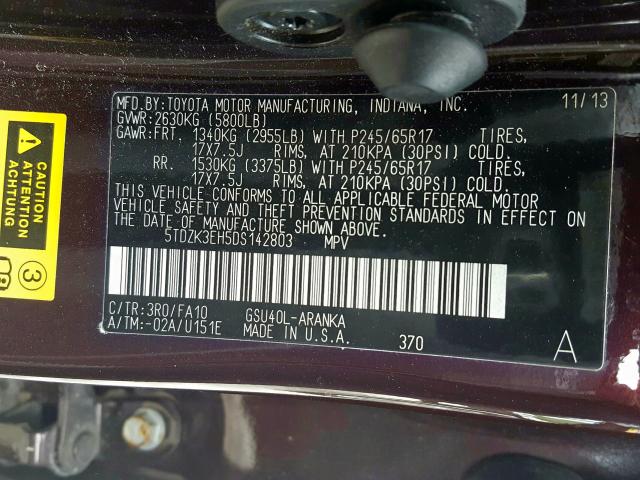 5TDZK3EH5DS142803 - 2013 TOYOTA HIGHLANDER BASE  фото 10