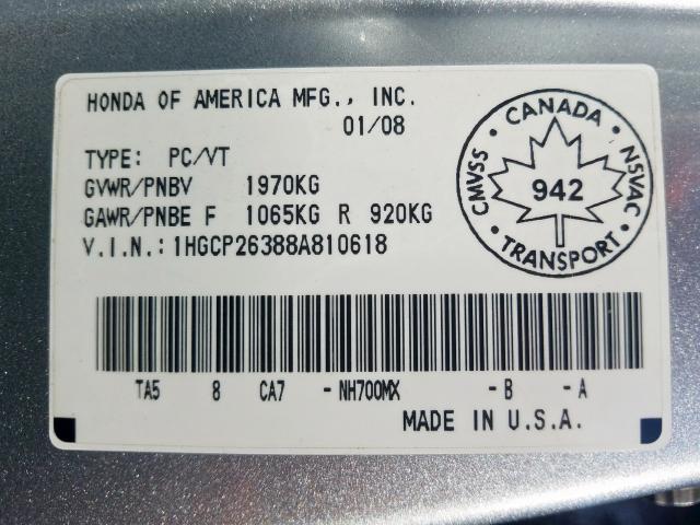 1HGCP26388A810618 - 2008 HONDA ACCORD LX  photo 10