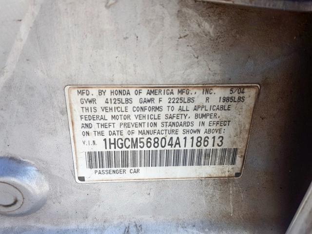 1HGCM56804A118613 - 2004 HONDA ACCORD EX  photo 10