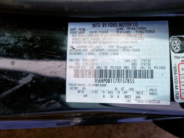 3FAHP08117R157855 - 2007 FORD FUSION SEL  photo 10