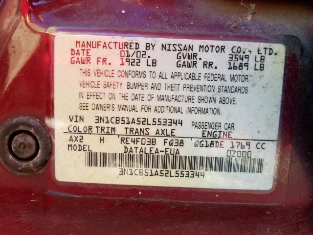 3N1CB51A52L553344 - 2002 NISSAN SENTRA GXE  photo 10