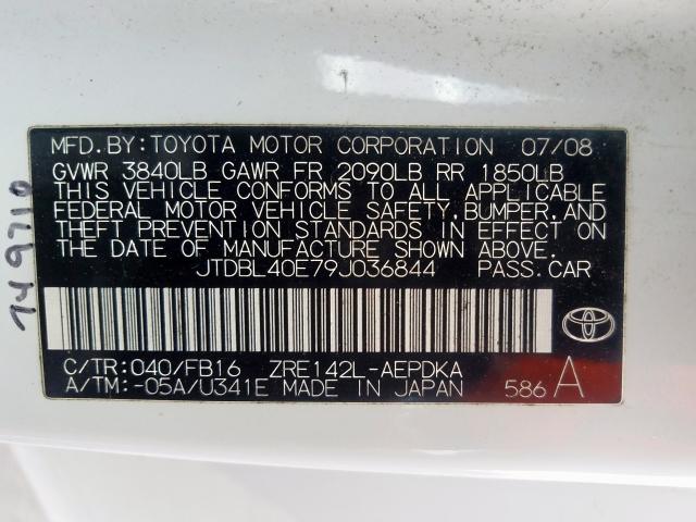 JTDBL40E79J036844 - 2009 TOYOTA COROLLA BASE  photo 10
