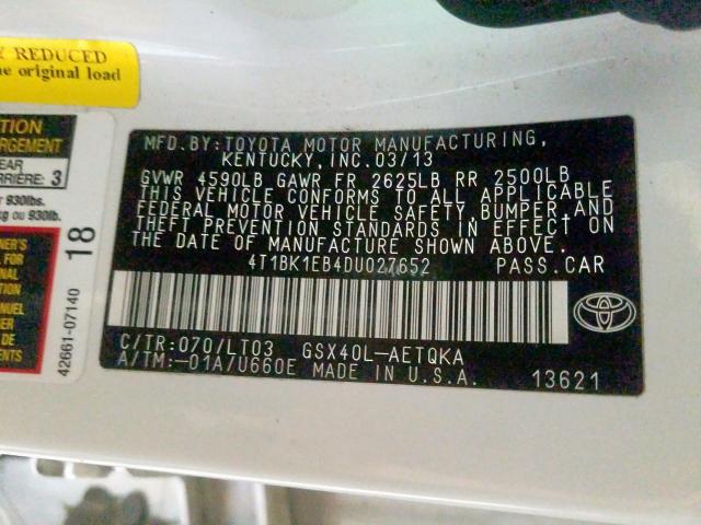 4T1BK1EB4DU027652 - 2013 TOYOTA AVALON BASE  照片 10