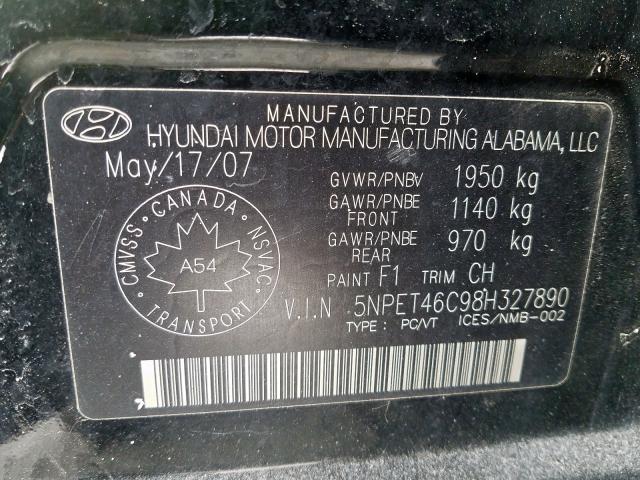 5NPET46C98H327890 - 2008 HYUNDAI SONATA GLS  photo 10