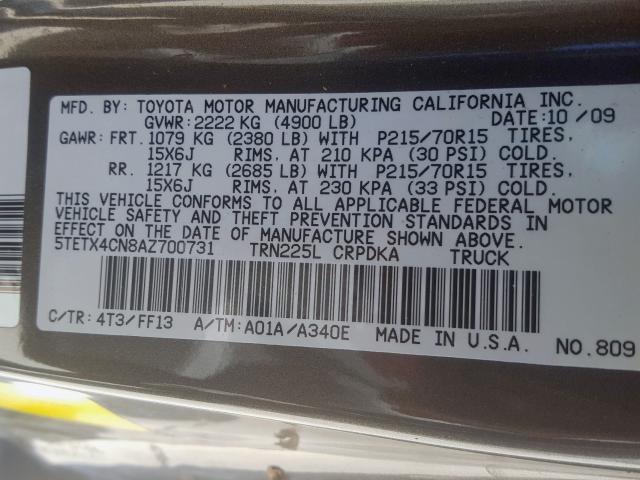 5TETX4CN8AZ700731 - 2010 TOYOTA TACOMA ACCESS CAB  ფოტო 10