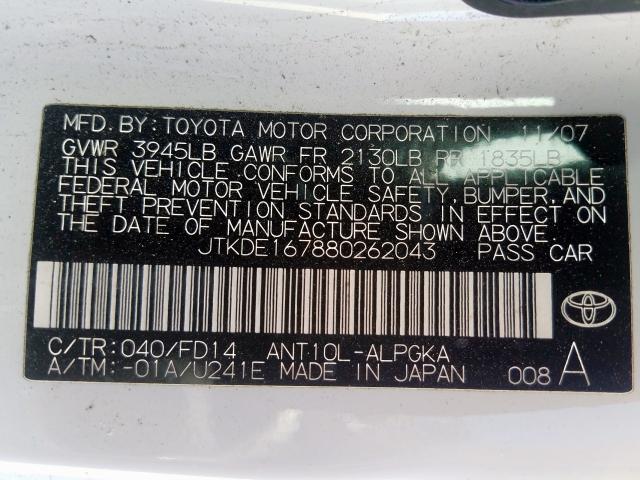 JTKDE167880262043 - 2008 TOYOTA SCION TC  ფოტო 10