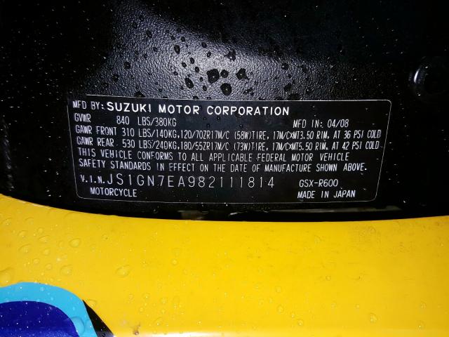 JS1GN7EA982111814 - 2008 SUZUKI GSX-R600  photo 10