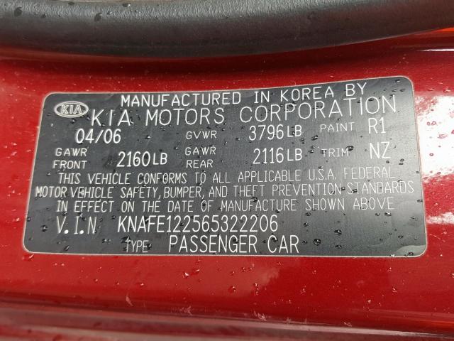 KNAFE122565322206 - 2006 KIA SPECTRA LX  photo 10