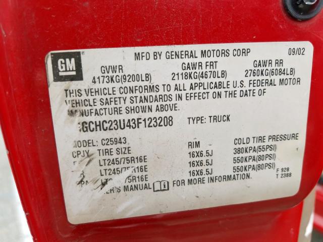 1GCHC23U43F123208 - 2003 CHEVROLET SILVERADO C2500 HEAVY DUTY  photo 10