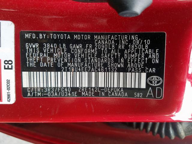 2T1BU4EE7AC461132 - 2010 TOYOTA COROLLA BASE  photo 10