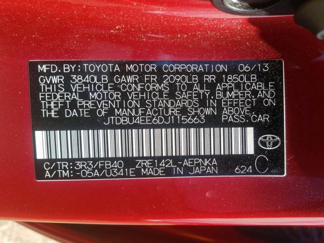 JTDBU4EE6DJ115663 - 2013 TOYOTA COROLLA BASE  照片 10