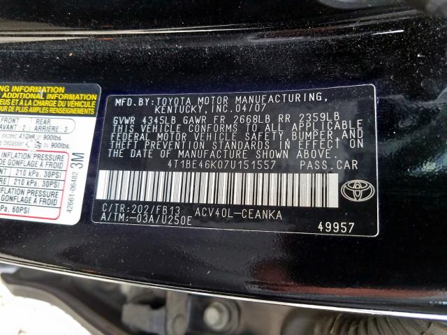 4T1BE46K07U151557 - 2007 TOYOTA CAMRY CE  photo 10