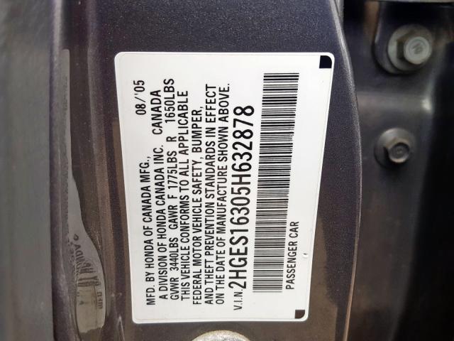 2HGES16305H632878 - 2005 HONDA CIVIC DX VP  photo 10