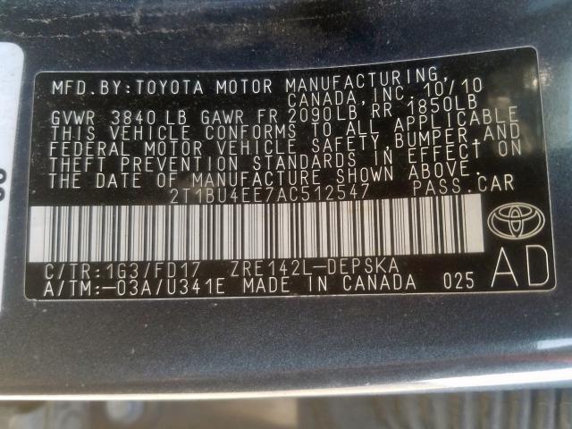 2T1BU4EE7AC512547 - 2010 TOYOTA toyota corolla  photo 10