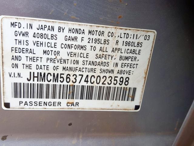 JHMCM56374C023598 - 2004 HONDA ACCORD LX  photo 10