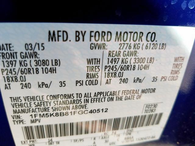 1FM5K8B81FGC40512 - 2015 FORD EXPLORER  photo 10