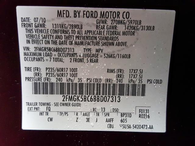 2FMGK5BC6BBD07313 - 2011 FORD FLEX SE  photo 10