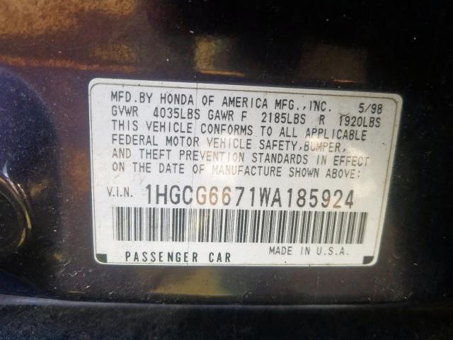 1HGCG6671WA185924 - 1998 HONDA ACCORD EX  photo 10