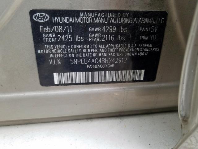 5NPEB4AC4BH242912 - 2011 HYUNDAI SONATA GLS  photo 10