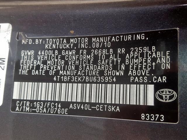 4T1BF3EK7BU635954 - 2011 TOYOTA CAMRY BASE  photo 10