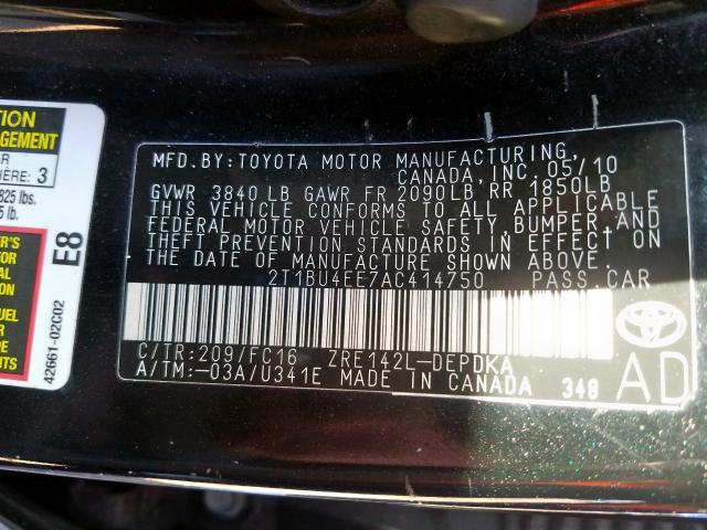 2T1BU4EE7AC414750 - 2010 TOYOTA COROLLA BASE  photo 10