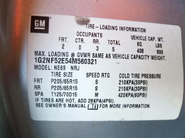 1G2NF52E54M560321 - 2004 PONTIAC GRAND AM SE1  photo 10