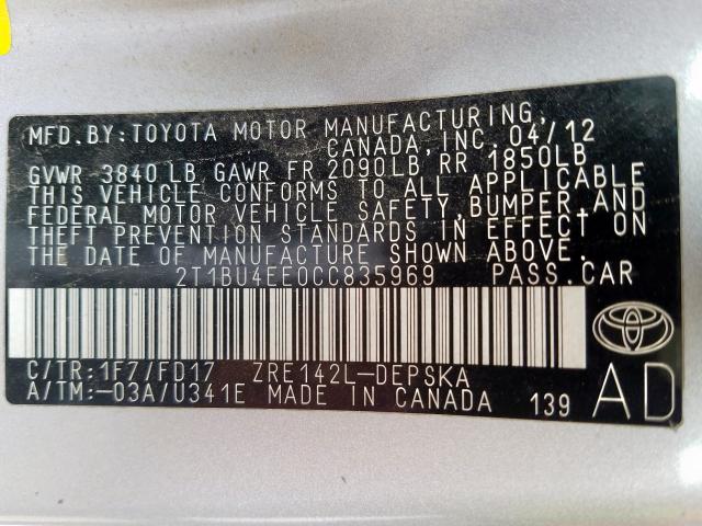 2T1BU4EE0CC835969 - 2012 TOYOTA COROLLA BASE  foto 10