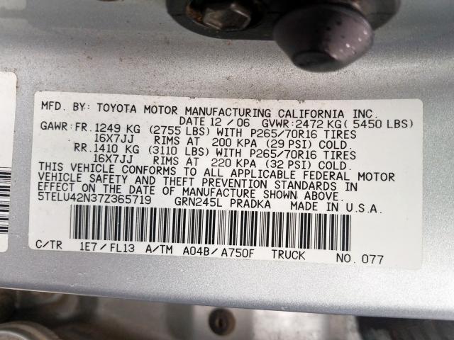 5TELU42N37Z365719 - 2007 TOYOTA TACOMA DOUBLE CAB  照片 10