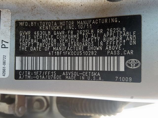 4T1BF1FK0CU510282 - 2012 TOYOTA CAMRY BASE  photo 10