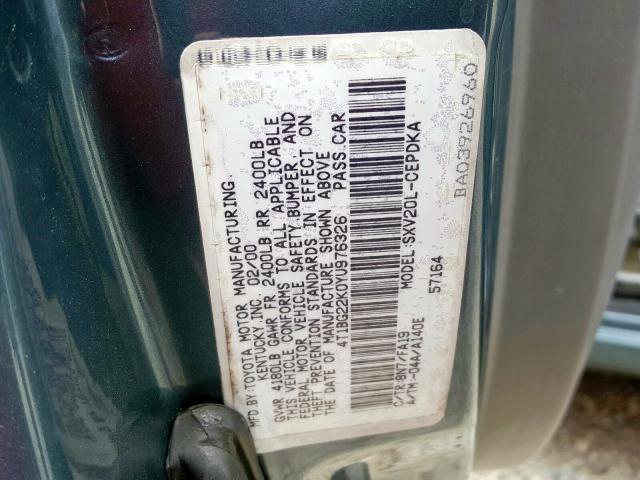 4T1BG22K0YU976326 - 2000 TOYOTA CAMRY CE  photo 10