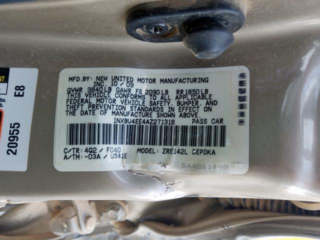 1NXBU4EE4AZ271318 - 2010 TOYOTA COROLLA BASE  photo 10