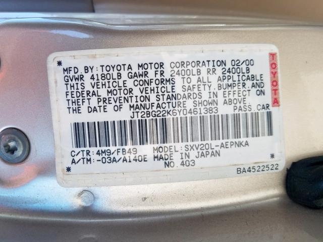 JT2BG22K6Y0461383 - 2000 TOYOTA CAMRY CE  photo 10