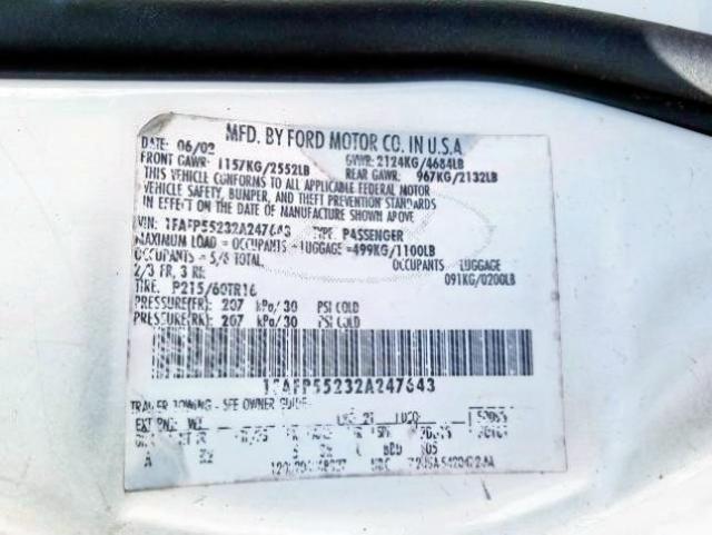 1FAFP55232A247643 - 2002 FORD ford taurus  photo 10