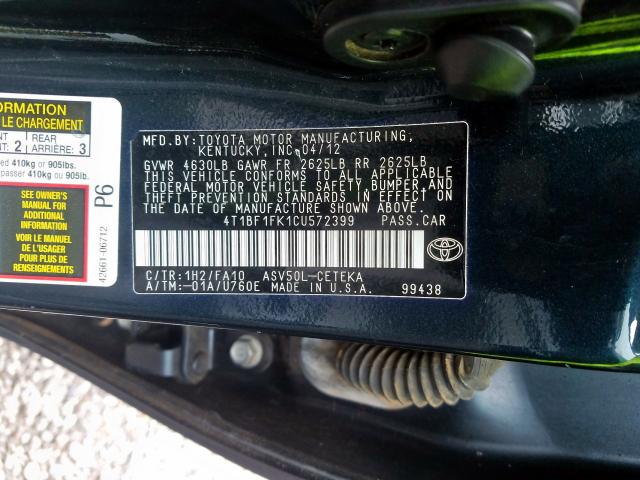 4T1BF1FK1CU572399 - 2012 TOYOTA CAMRY BASE  photo 10