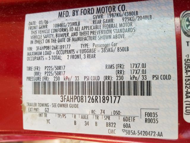 3FAHP08126R189177 - 2006 FORD FUSION SEL  photo 10