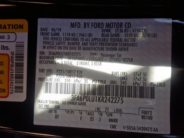 3FA6P0LU1KR242275 - 2019 FORD FUSION SE  photo 10