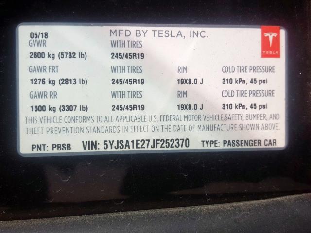 5YJSA1E27JF252370 - 2018 TESLA MODEL S  foto 10