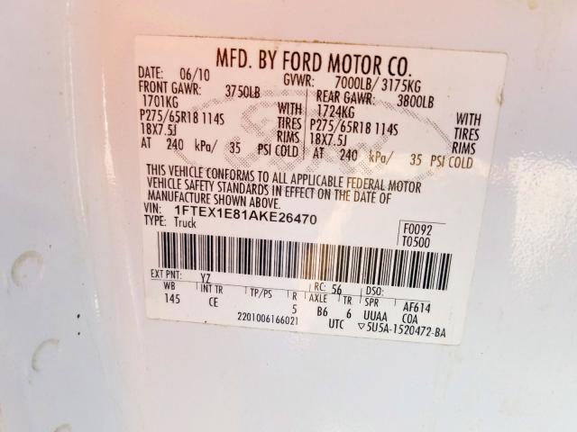 1FTEX1E81AKE26470 - 2010 FORD F150 SUPER CAB  photo 10