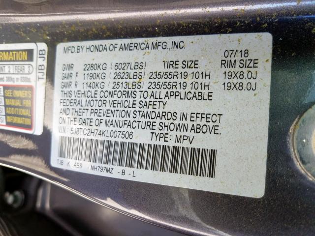 5J8TC2H74KL007506 - 2019 ACURA RDX  photo 10