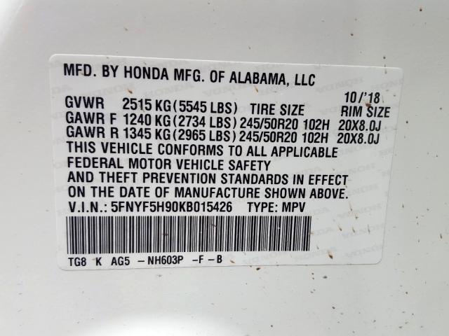 5FNYF5H90KB015426 - 2019 HONDA PILOT TOURING  photo 10