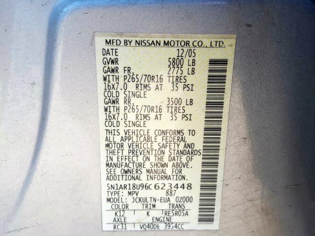 5N1AR18U96C623448 - 2006 NISSAN PATHFINDER LE  photo 10