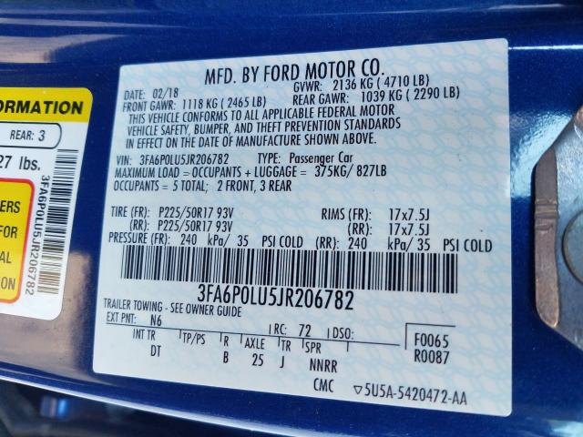 3FA6P0LU5JR206782 - 2018 FORD FUSION SE HYBRID  photo 10