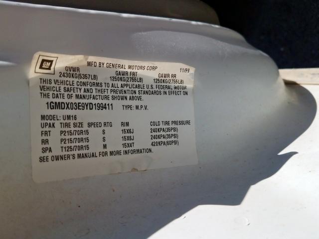 1GMDX03E9YD199411 - 2000 PONTIAC MONTANA  photo 10