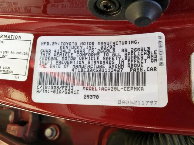 4T1BE32K52U113427 - 2002 TOYOTA CAMRY LE  photo 10