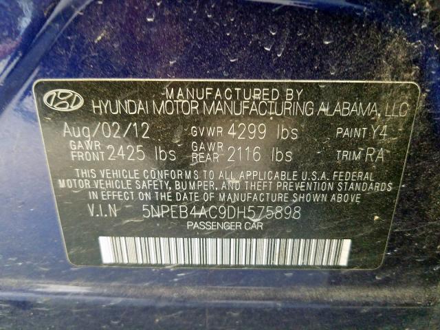 5NPEB4AC9DH575898 - 2013 HYUNDAI SONATA GLS  photo 10