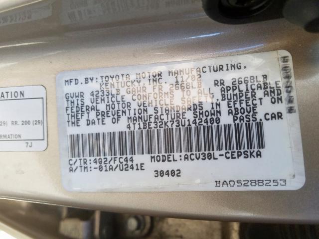 4T1BE32K73U142400 - 2003 TOYOTA CAMRY LE  photo 10