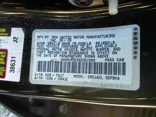 1NXBU40E39Z061585 - 2009 TOYOTA COROLLA BASE  photo 10