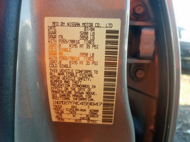 1N6MD27Y74C459847 - 2004 NISSAN FRONTIER CREW CAB SC  photo 10